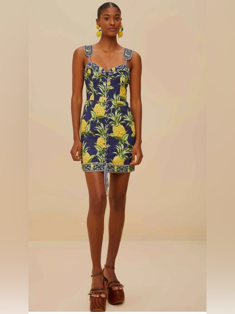 Farm Rio Delicate Pineapple Navy Blue Sleeveless Lacing Minidress Xs